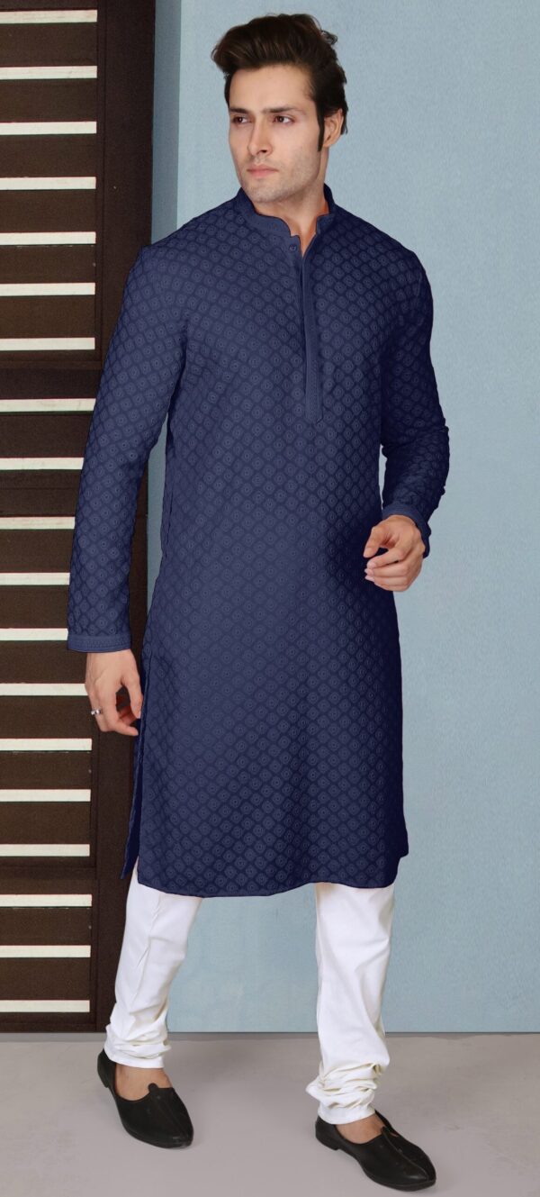 Readymade Men's Kurta Pyjama Blue Kurta Slub Cotton Polyester Pajama main image 1